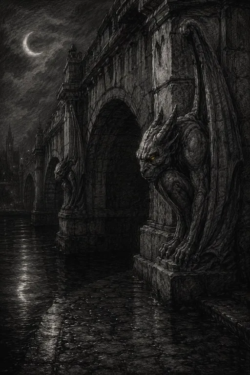 Gargoyle di pietra sul Ponte San Michele a Vicenza di notte, tra i pilastri della balaustra