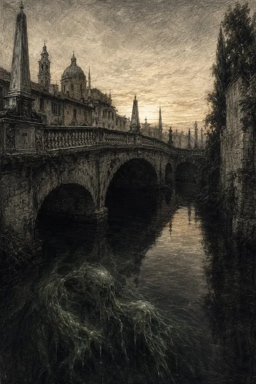 Ponte San Michele a Vicenza all'alba, riflesso scuro nel Retrone — illustrazione gotica