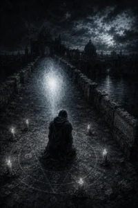 Figura solitaria sul Ponte San Michele di notte, luce soprannaturale emerge dall'oscurità del Retrone
