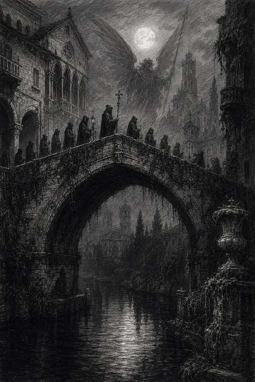 Illustrazione gotica del Ponte San Michele con riflessi sull'acqua e figure in processione notturna