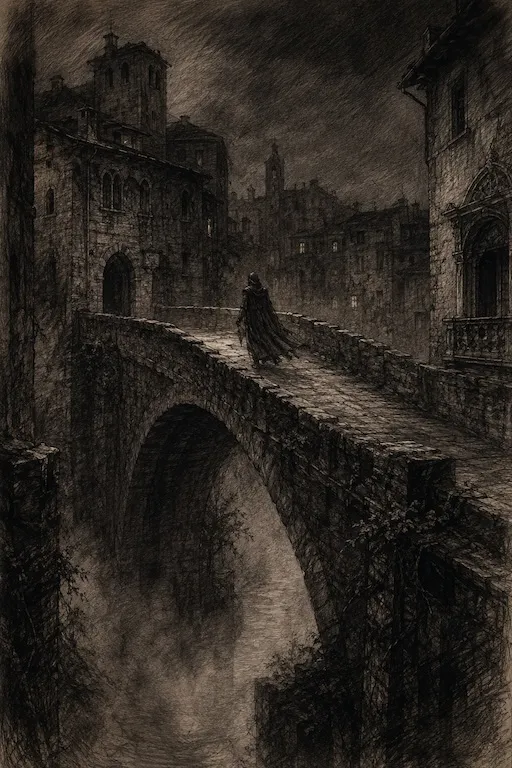 Illustrazione gotica del Ponte San Michele di Vicenza di notte, con figura errante tra archi di pietra