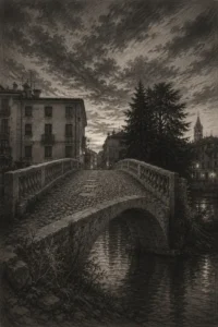 Ponte San Michele di Vicenza sbagliato. Al crepuscolo. Disegno gotico.