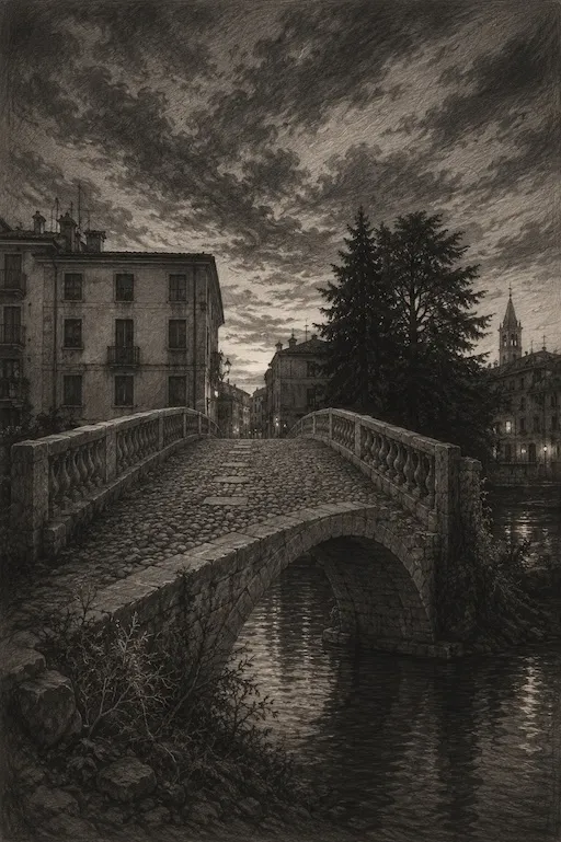 Ponte San Michele di Vicenza sbagliato. Al crepuscolo. Disegno gotico.
