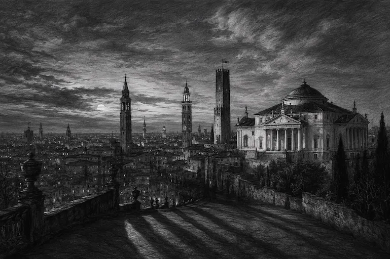 Illustrazione gotica dello skyline di Vicenza al tramonto — cupola della Rotonda, torri e campanili in stile disegno a matita
