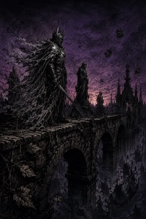 Cavaliere spettrale sul Ponte San Michele al tramonto, volo verso l'infinito — illustrazione gotica