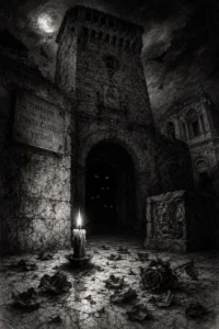Disegno gotico del Torrione di Porta Castello di notte, con una candela al centro e ombre che emergono dalla pietra