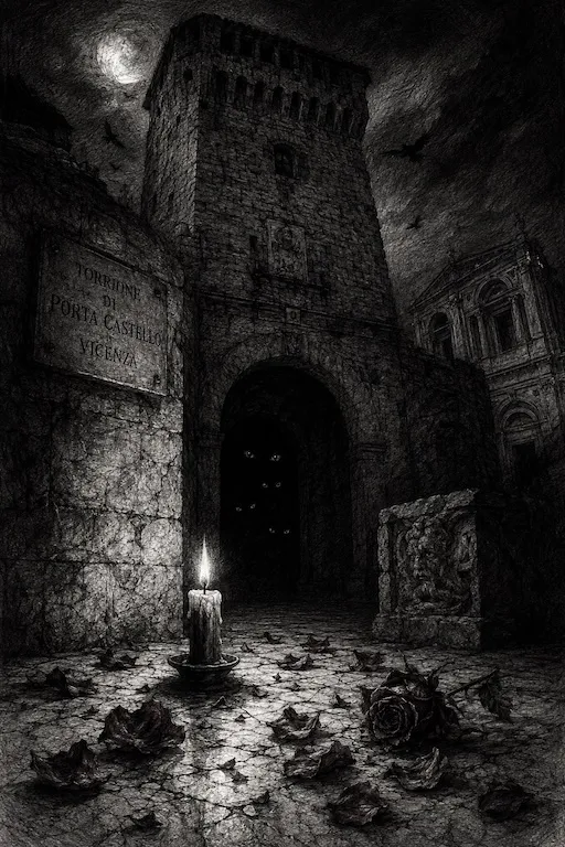 Disegno gotico del Torrione di Porta Castello di notte, con una candela al centro e ombre che emergono dalla pietra