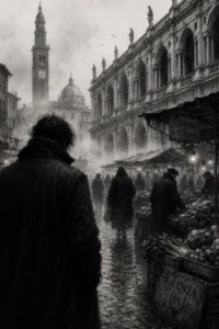 Sagome al mercato di Vicenza nella nebbia di dicembre. Illustrazione a matita.