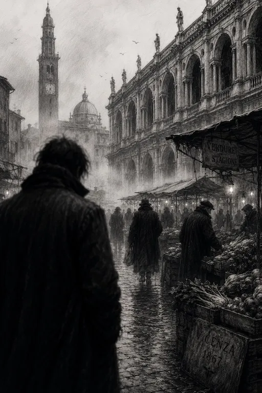 Sagome al mercato di Vicenza nella nebbia di dicembre. Illustrazione a matita.