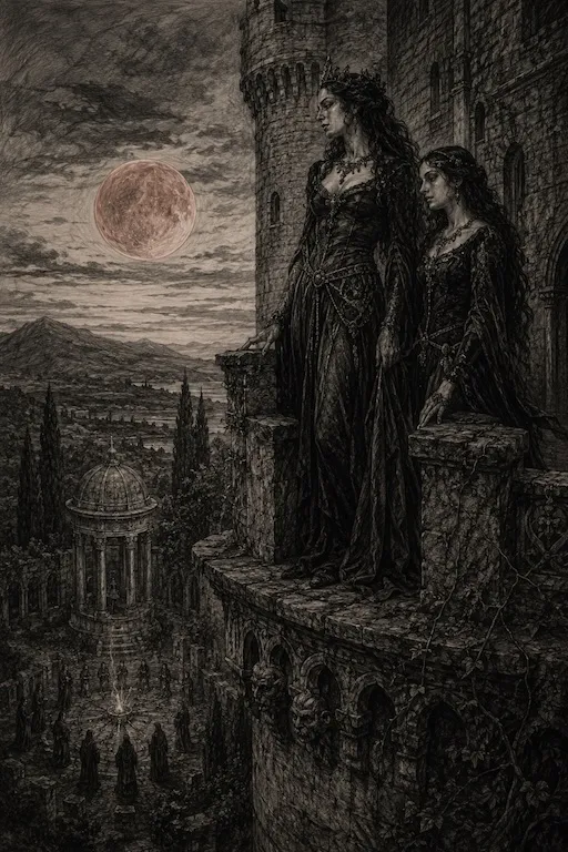 Illustrazione gotica del Torrione di Porta Castello con figure sul cornicione tra gemiti di sofferenza nell'oscurità