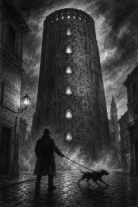 Gli occhi del gigante: le aperture del Torrione di Porta Castello a Vicenza illuminate al crepuscolo. Illustrazione gotica.
