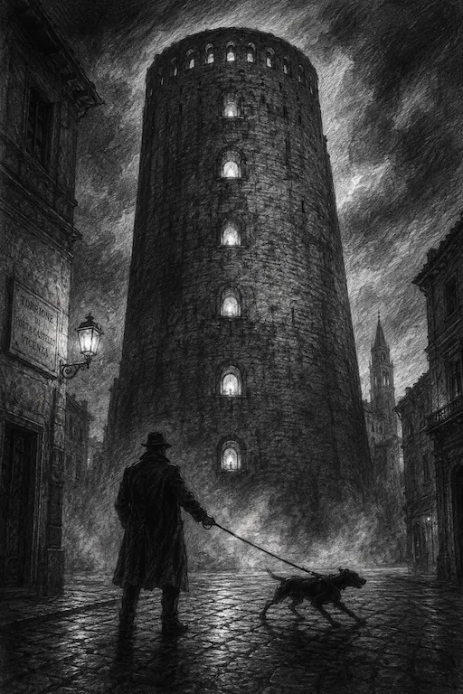 Gli occhi del gigante: le aperture del Torrione di Porta Castello a Vicenza illuminate al crepuscolo. Illustrazione gotica.