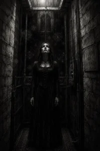 Varsha davanti all'ascensore nel buio del Torrione di Porta Castello — la discesa ha già cominciato. Disegno a matita.