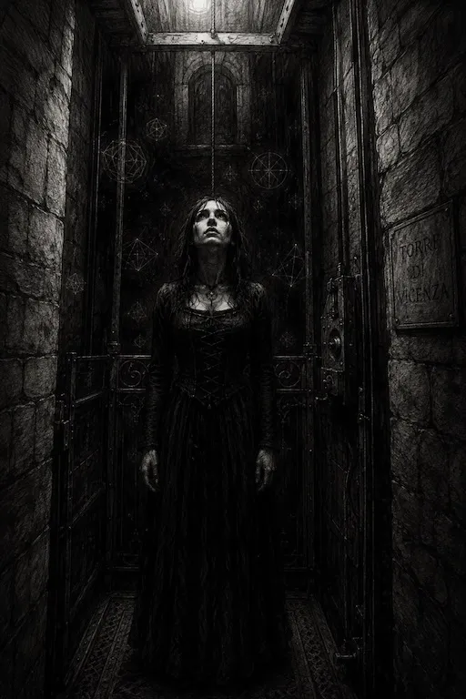 Varsha davanti all'ascensore nel buio del Torrione di Porta Castello — la discesa ha già cominciato. Disegno a matita.