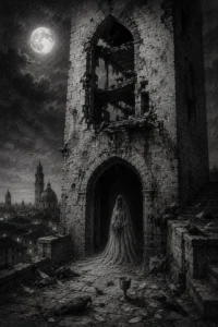 Il Torrione di Porta Castello avvolto nell'ombra, custode di un macabro segreto — illustrazione gotica a matita
