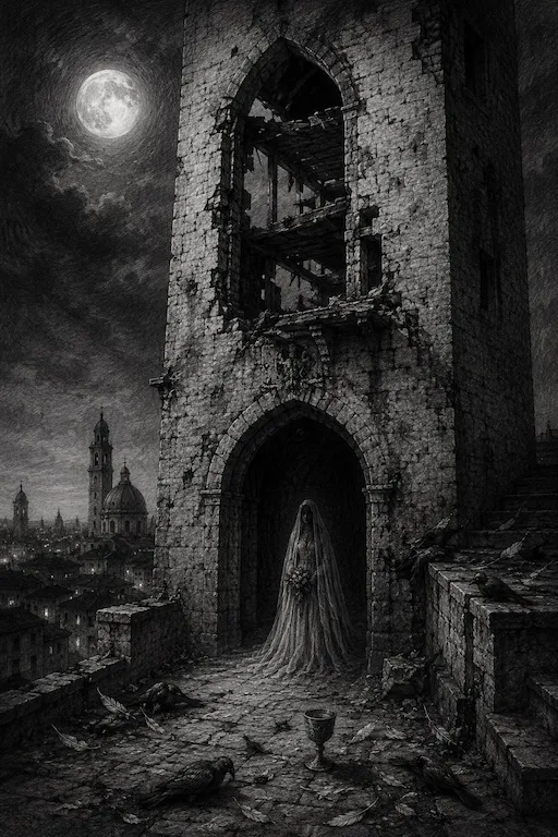 Il Torrione di Porta Castello avvolto nell'ombra, custode di un macabro segreto — illustrazione gotica a matita