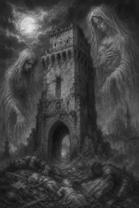 Disegno a matita del Torrione di Porta Castello con figure di madri alate che vegliano tra le rovine notturne