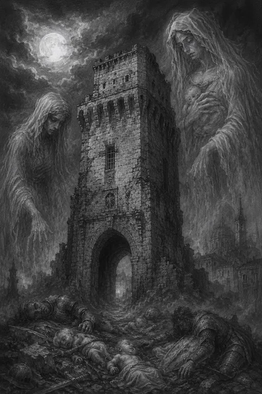 Disegno a matita del Torrione di Porta Castello con figure di madri alate che vegliano tra le rovine notturne