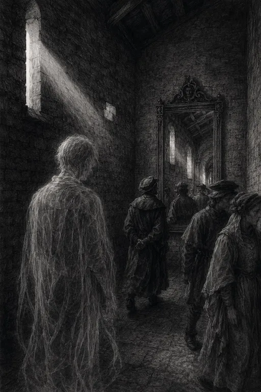 Figura immobile nel Torrione di Porta Castello, luce obliqua su mattoni antichi — illustrazione gotica a matita
