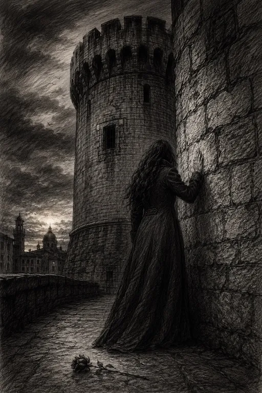 Donna con la mano sulla pietra del Torrione di Porta Castello — illustrazione gotica per Se si può con i fiori