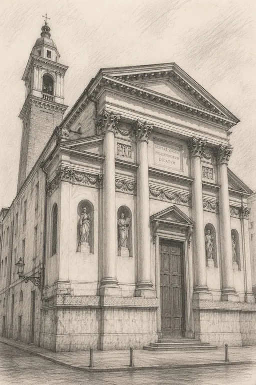 Disegno a matita della facciata neoclassica della chiesa dei Filippini a Vicenza