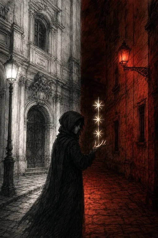 Tre stelle a otto punte scendono su un ragazzo davanti alla chiesa dei Filippini a Vicenza, disegno gotico a matita