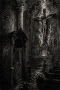 Interno gotico della Chiesa dei Filippini a Vicenza, dove risuona osceno il suono del peccato tra le ombre.